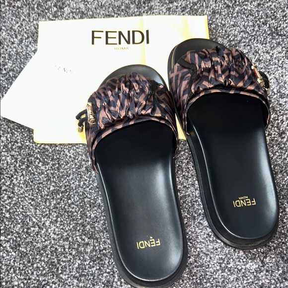 Fendi Shoes - Fendi Black Sandals with Brown Patterned Strap